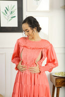 Premium Satin Peachy Formal Maternity & Nursing Pintucks Frill Dress momzjoy.com