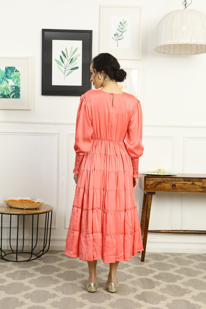 Premium Satin Peachy Formal Maternity & Nursing Pintucks Frill Dress momzjoy.com