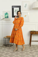 Premium Vintage Tangerine Floral Silk Formal Maternity & Nursing Pintucks Frill Dress momzjoy.com