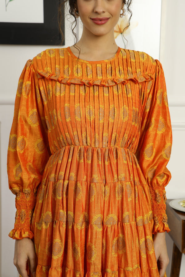 Premium Vintage Tangerine Floral Silk Formal Maternity & Nursing Pintucks Frill Dress momzjoy.com