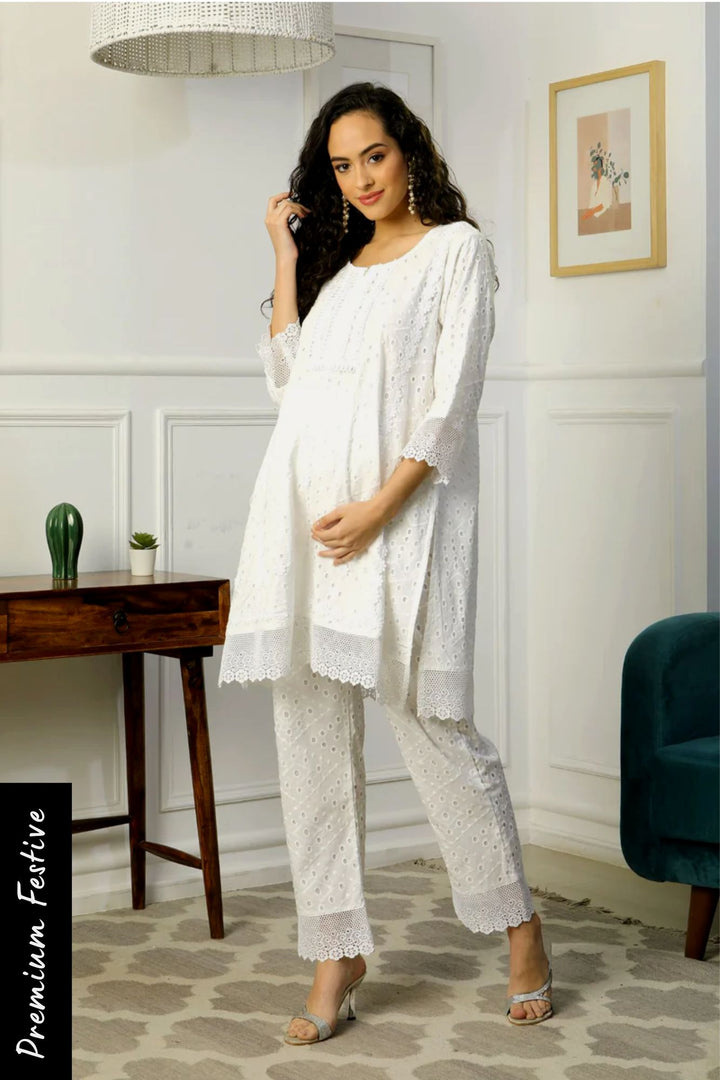 Premium Snow White Short Maternity & Nursing Kurta With Lace + Bump Band Bottom (2 Pc) (100% Cotton) momzjoy.com