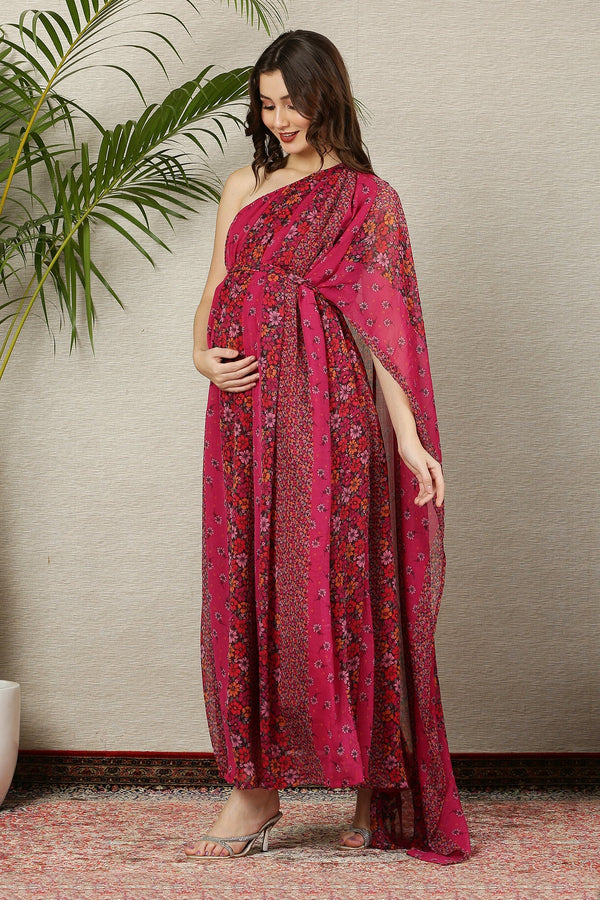 Luxe Fuchsia Blooming Bouquet One Shoulder Maternity & Nursing Gown MOMZJOY.COM