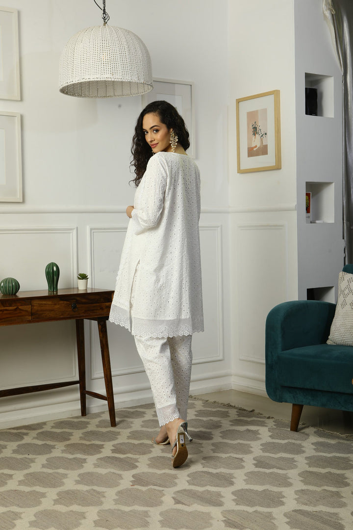 Premium Snow White Short Maternity & Nursing Kurta With Lace + Bump Band Bottom (2 Pc) (100% Cotton) momzjoy.com