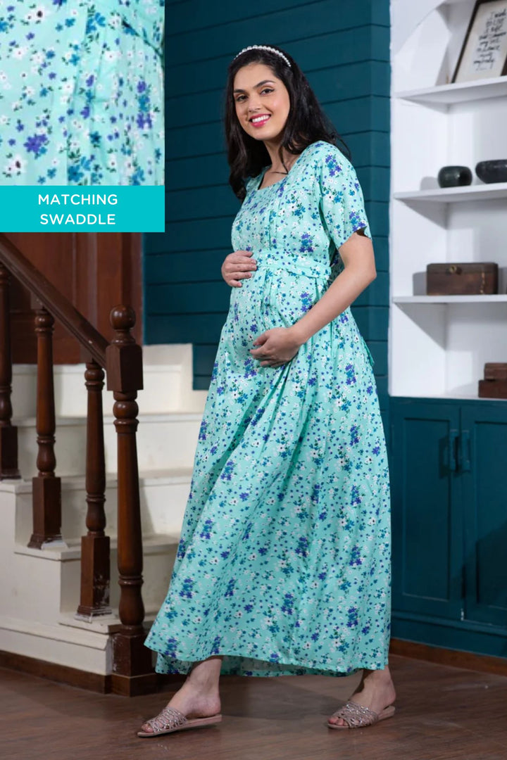 Blossom Mint Maternity & Nursing Night Dress + Matching Swaddle Set Of 2 momzjoy.com