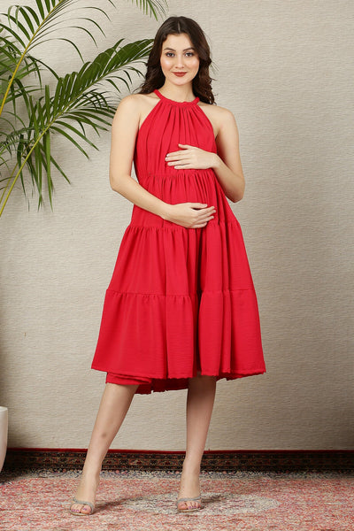 Breezy Scarlet Layered Maternity & Nursing Flow Dress MOMZJOY.COM
