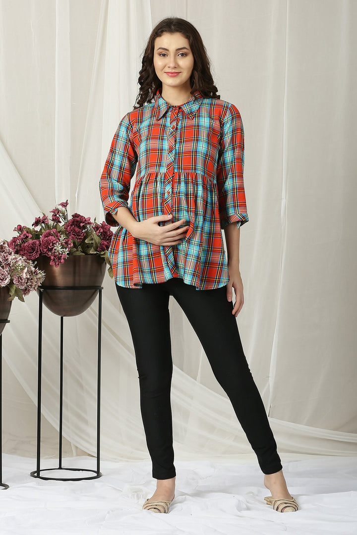 Chic Carrot Tartan Check Maternity & Nursing Top momzjoy.com