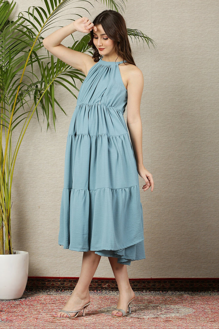 Easy Breezy Ice Blue Layered Maternity & Nursing Flow Dress MOMZJOY.COM