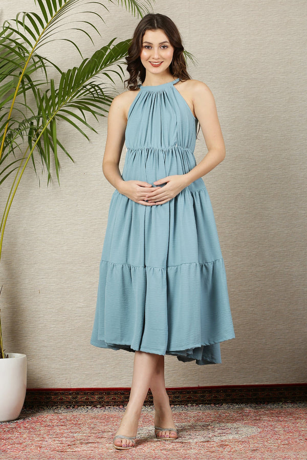 Easy Breezy Ice Blue Layered Maternity & Nursing Flow Dress MOMZJOY.COM