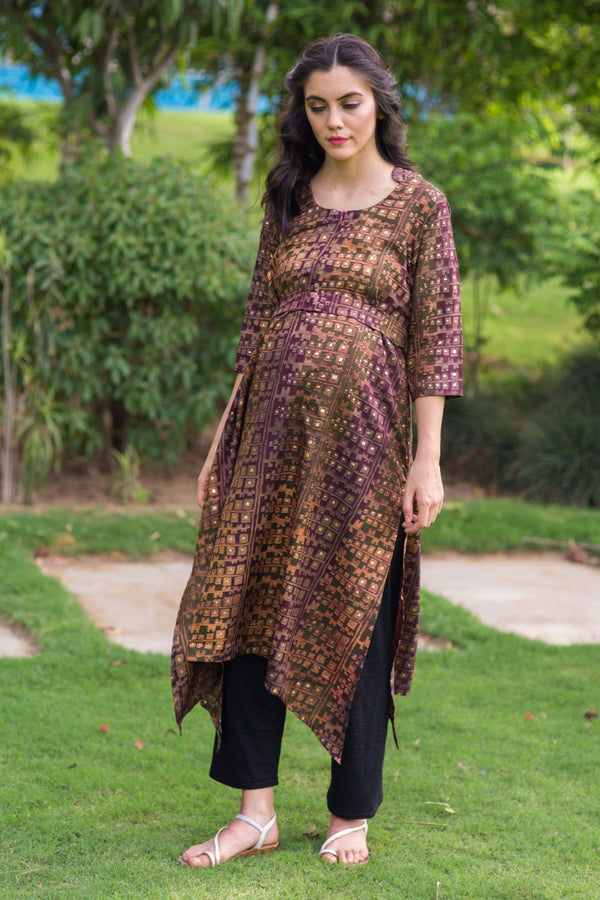 Walnut Gold Embellished Maternity & Nursing Kurta momzjoy.com