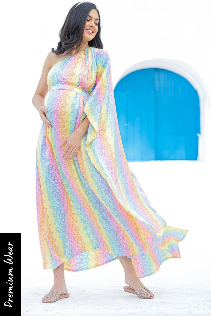 Luxe Rainbow One Shoulder Floral Maternity & Nursing Satin Dress MOMZJOY.COM