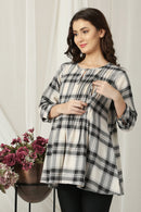 Cute Black & White Flannel Checks Maternity & Nursing Pintucks Top momzjoy.com