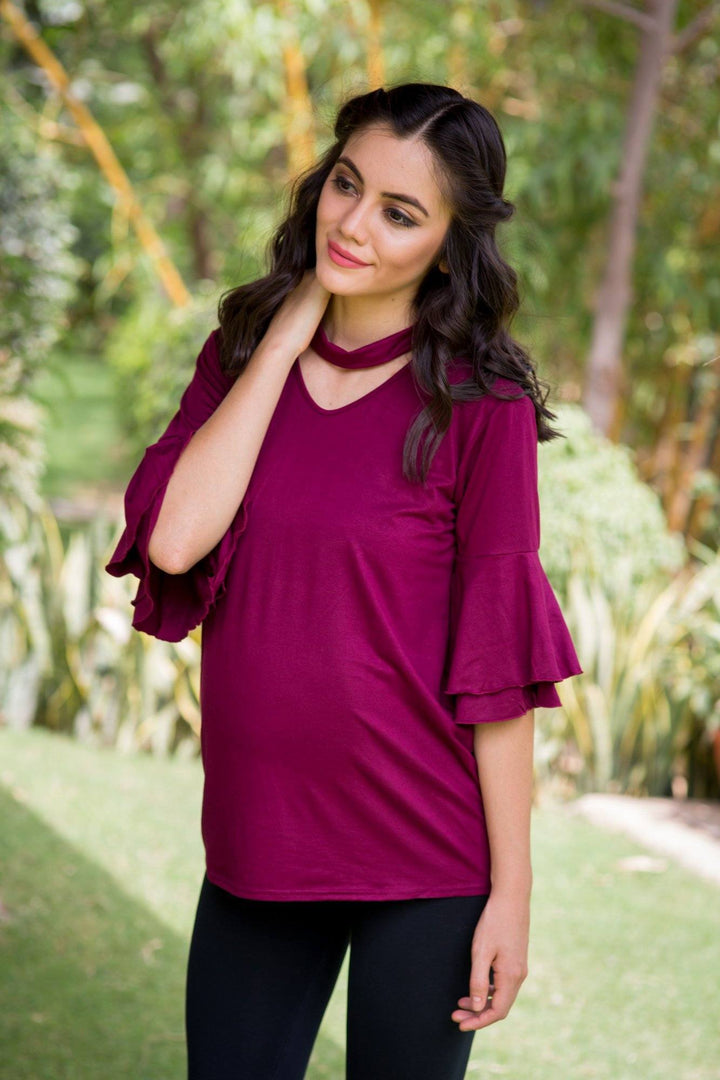 Berry Bell Sleeves Maternity Top - MOMZJOY.COM