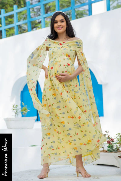 Luxe Pastel Yellow Flying Sleeves Maternity & Nursing Dress momzjoy.com