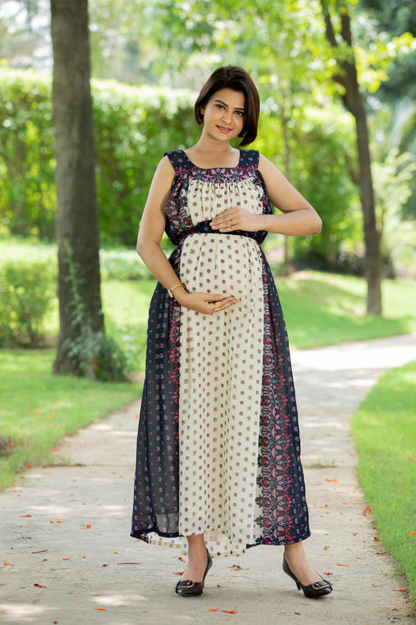 Cascading Ivory Maternity Sleeveless Dress MOMZJOY.COM