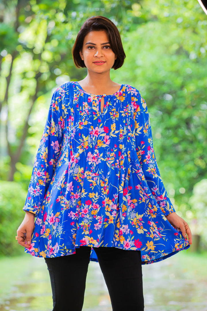 Blue Floral Pintucks Maternity & Nursing Top MOMZJOY.COM