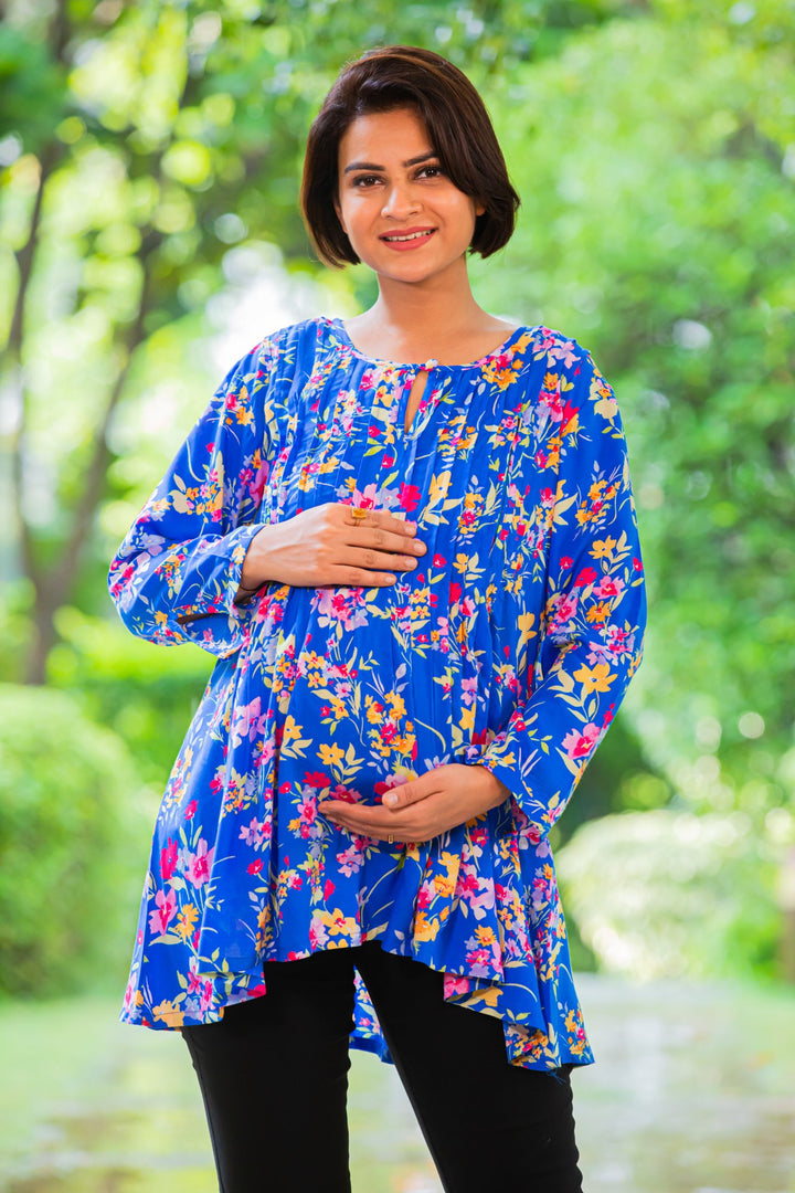 Blue Floral Pintucks Maternity & Nursing Top MOMZJOY.COM