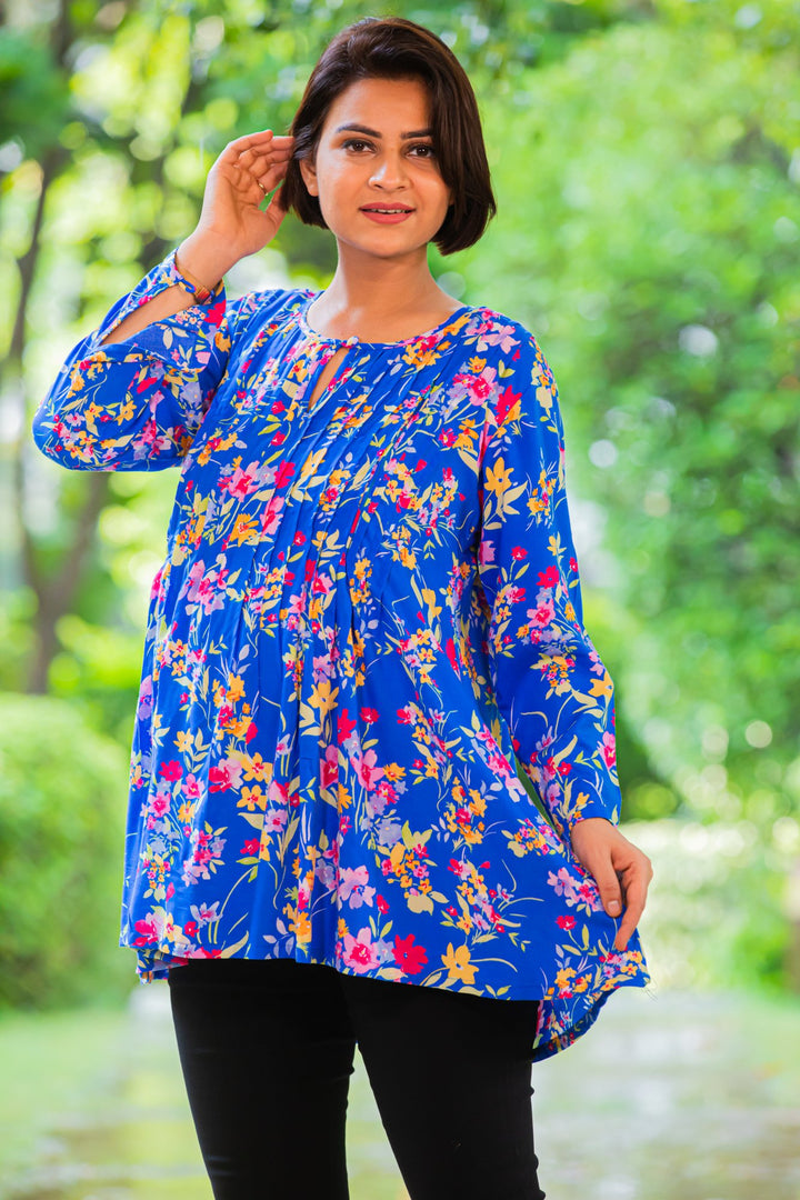 Blue Floral Pintucks Maternity & Nursing Top MOMZJOY.COM