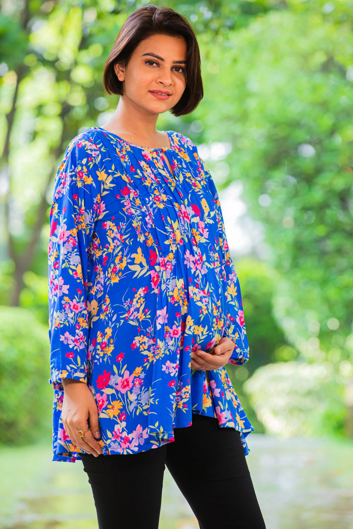 Blue Floral Pintucks Maternity & Nursing Top MOMZJOY.COM