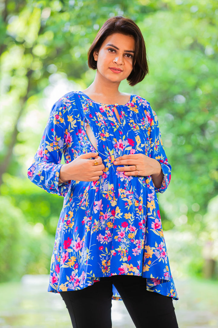 Blue Floral Pintucks Maternity & Nursing Top MOMZJOY.COM