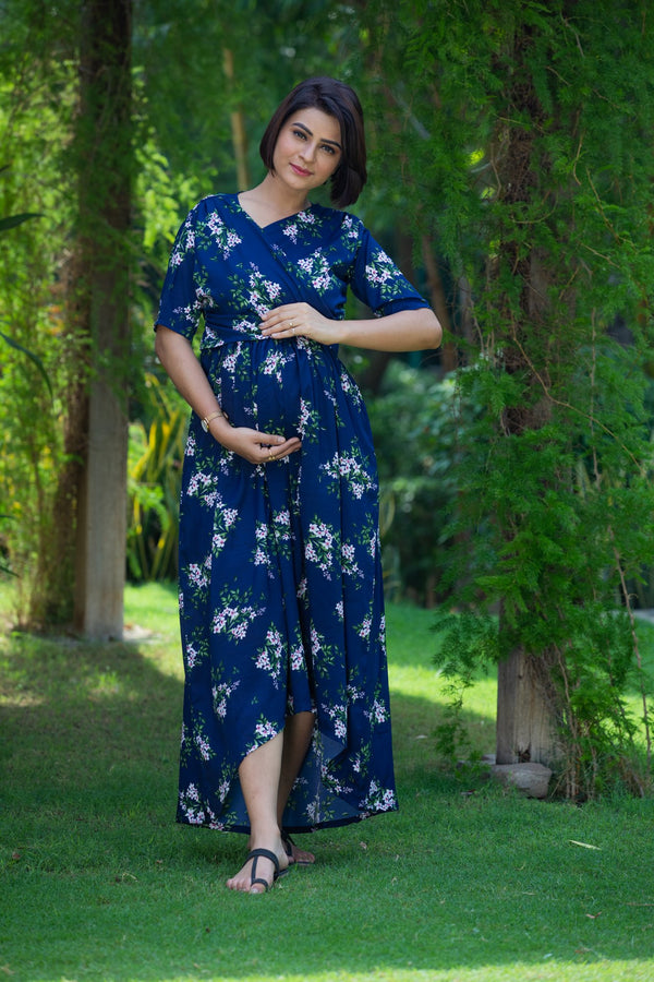 Berry Blue Hi-Low Maternity & Nursing Wrap Dress momzjoy.com