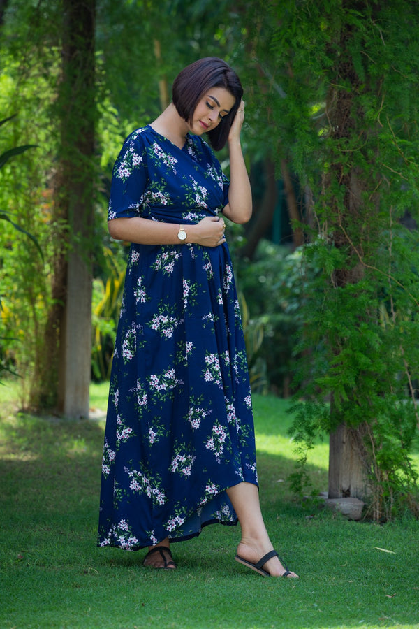 Berry Blue Hi-Low Maternity & Nursing Wrap Dress momzjoy.com