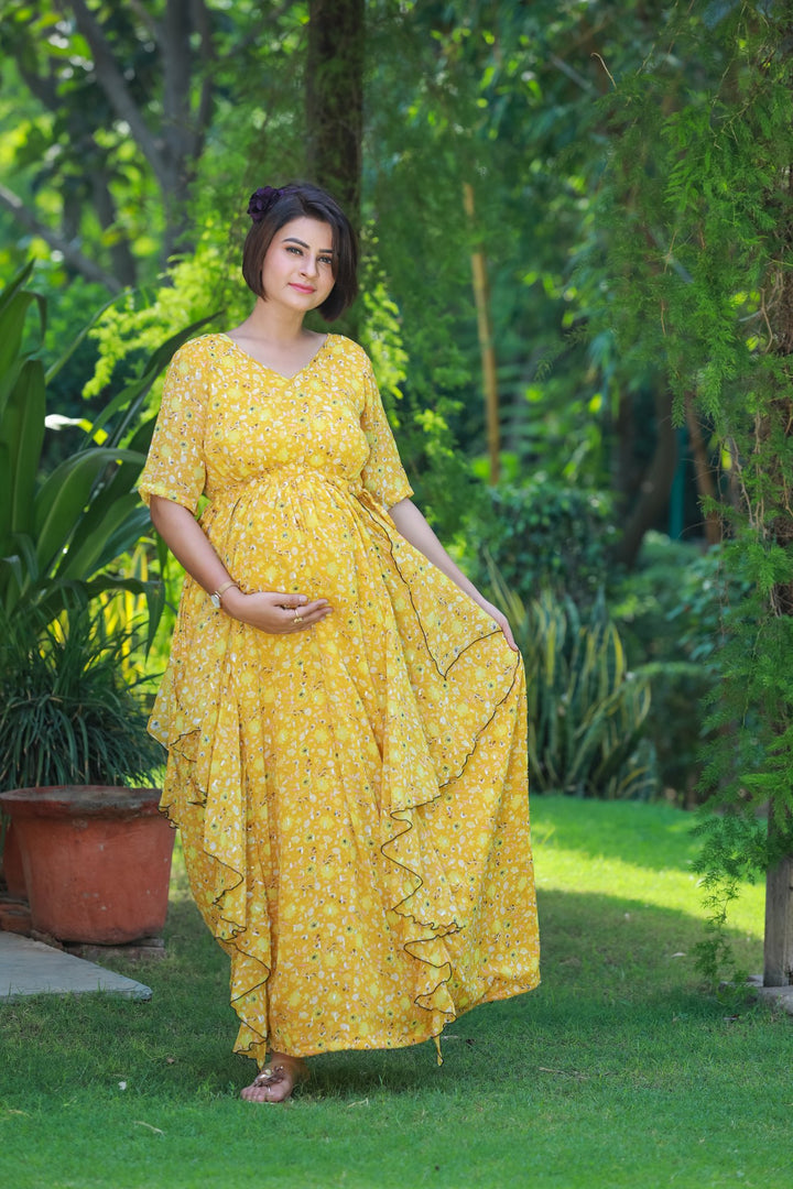 Honey Yellow Maternity Flow Dress momzjoy.com