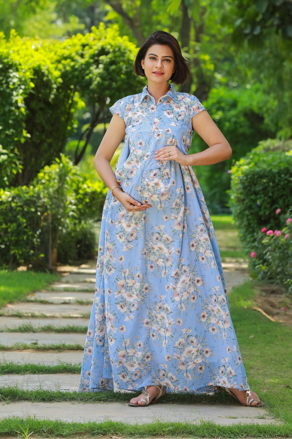 Pastel Blue Maternity & Nursing Dress MOMZJOY.COM