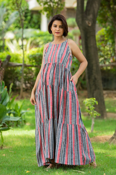 Boho Striped Maternity & Nursing Layer Dress MOMZJOY.COM