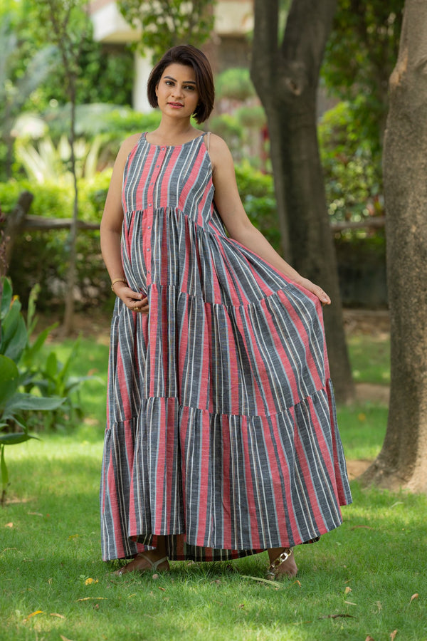 Boho Striped Maternity & Nursing Layer Dress MOMZJOY.COM