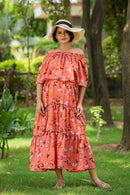 Cranberry Peach Off-Shoulder Maternity Maxi Dress MOMZJOY.COM