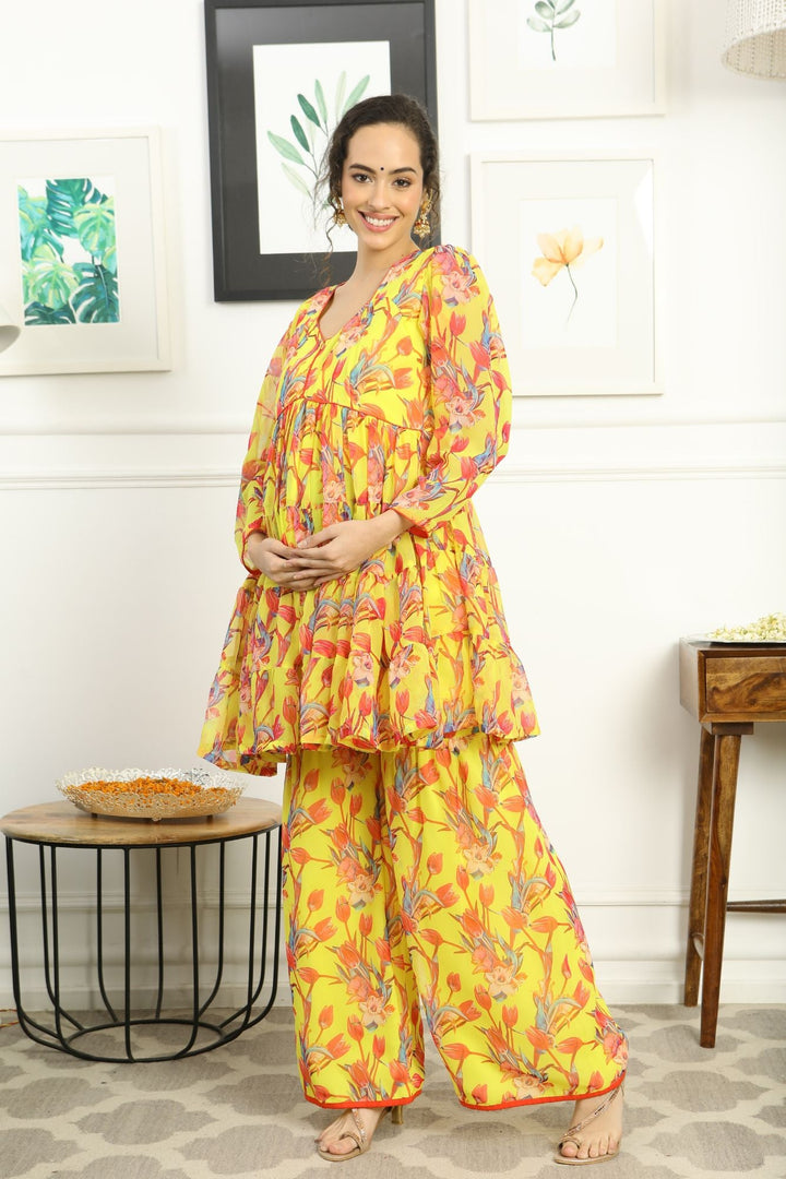 Eden Miami Floral Layered Maternity & Nursing Kurta + Bump Band Bottom + Dupatta (3 Pc) momzjoy.com