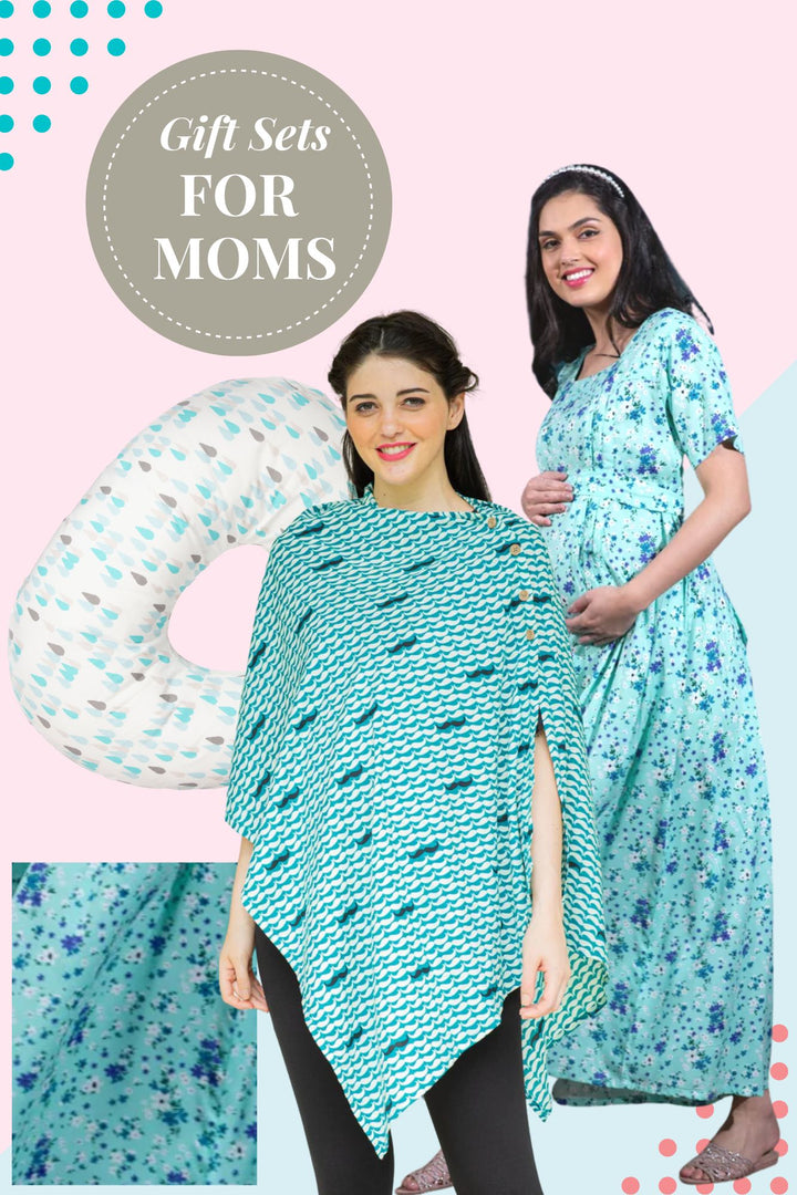 Gift Sets For Moms - Floral Mint Hospital Gown With Matching Swaddle + Feeding Pillow + Nursing Stole (Set of 4) MOMZJOY.COM