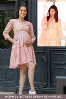 Coral Shimmer Striped Maternity & Nursing Flair Dress MOMZJOY.COM