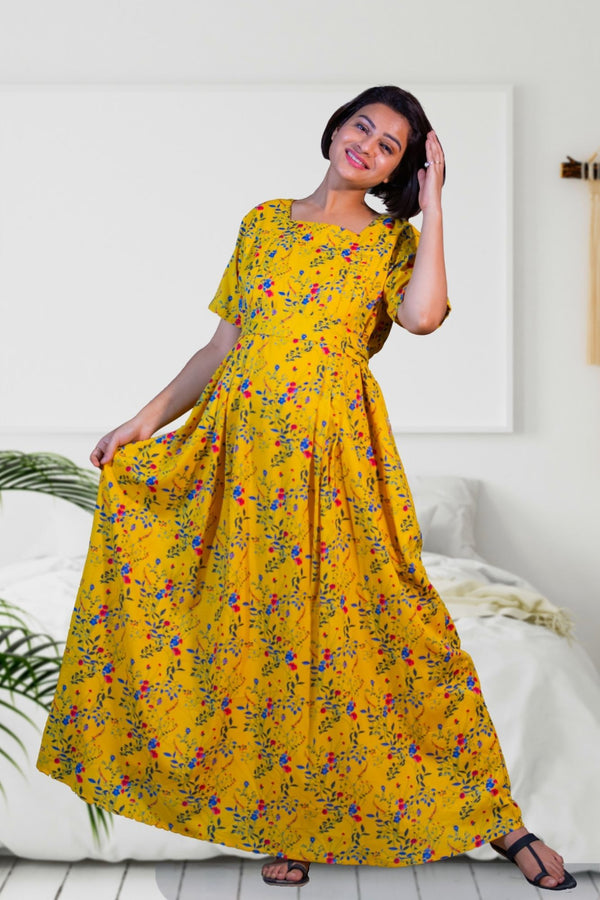 Moonlight Yellow Maternity & Nursing Dress / Delivery Gown/ Night Dress MOMZJOY.COM