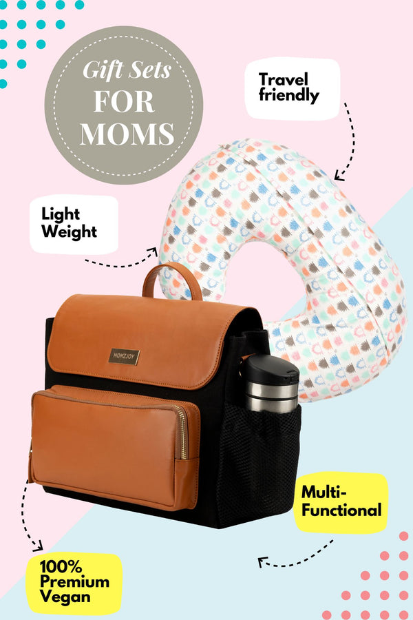 Gift Sets For Moms - Tan & Black Convertible Diaper Bag & Feeding Pillow (Set of 2) MOMZJOY.COM