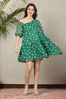 Splendid Emerald Polka Maternity & Nursing One Shoulder Knee Dress momzjoy.com