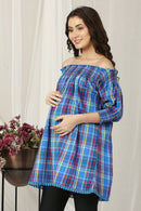 Blue Off-Shoulder Maternity Plaid Top momzjoy.com