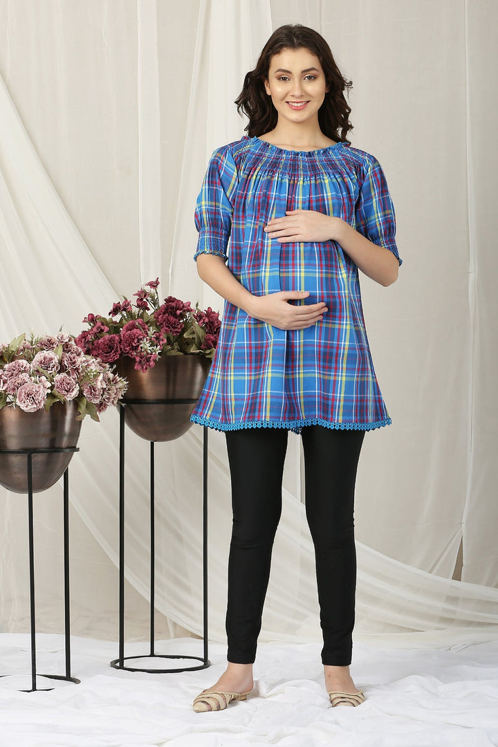 Blue Off-Shoulder Maternity Plaid Top momzjoy.com