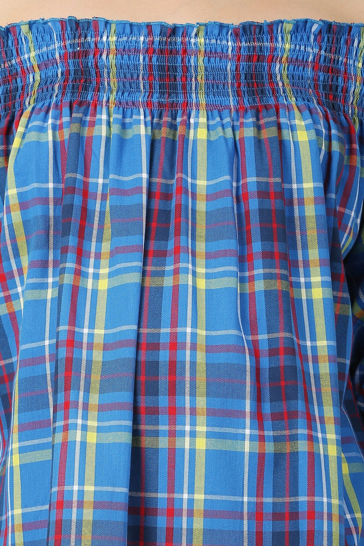 Blue Off-Shoulder Maternity Plaid Top momzjoy.com