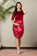 Tempting Red Ruched Maternity Velvet Dress MOMZJOY.COM