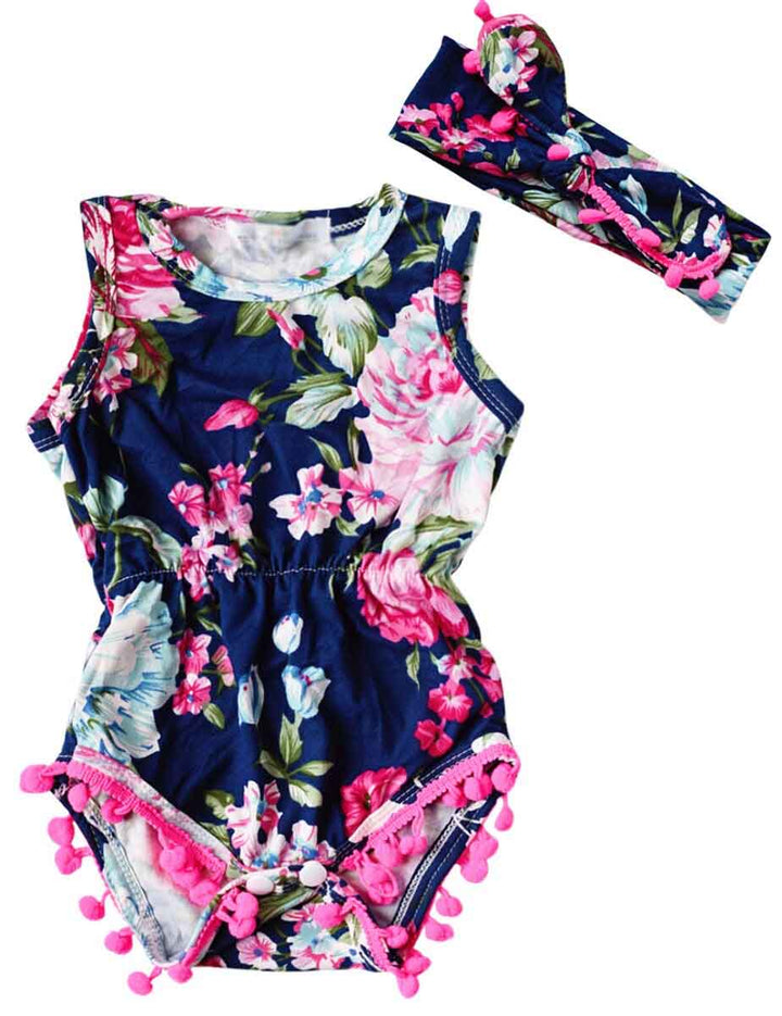 Adorable Blue Floral Baby Romper With Headband (0-6 months) - MOMZJOY.COM