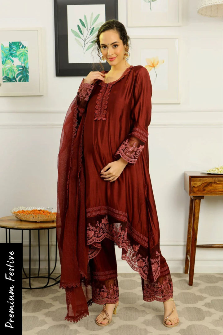 Luxe Classy Chanderi Coco Maternity & Nursing Kurta + Bump Band Bottom + Dupatta (3 Pc) momzjoy.com