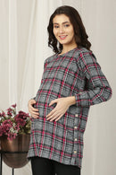 Vintage Grey Tartan Check Maternity & Nursing Wool Top MOMZJOY.COM