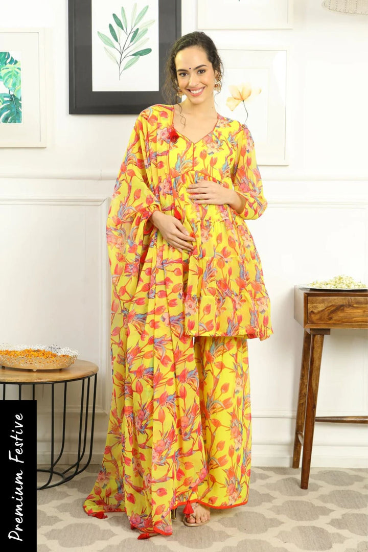 Eden Miami Floral Layered Maternity & Nursing Kurta + Bump Band Bottom + Dupatta (3 Pc) momzjoy.com