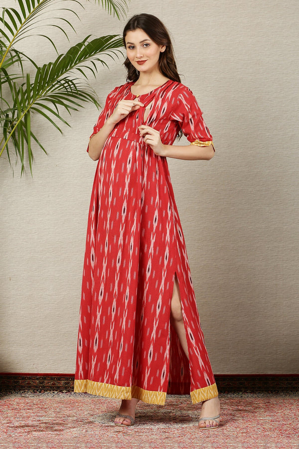 Pleasing Crimson Ikat Side Slit Long Maternity & Nursing Dress (100% Cotton) MOMZJOY.COM