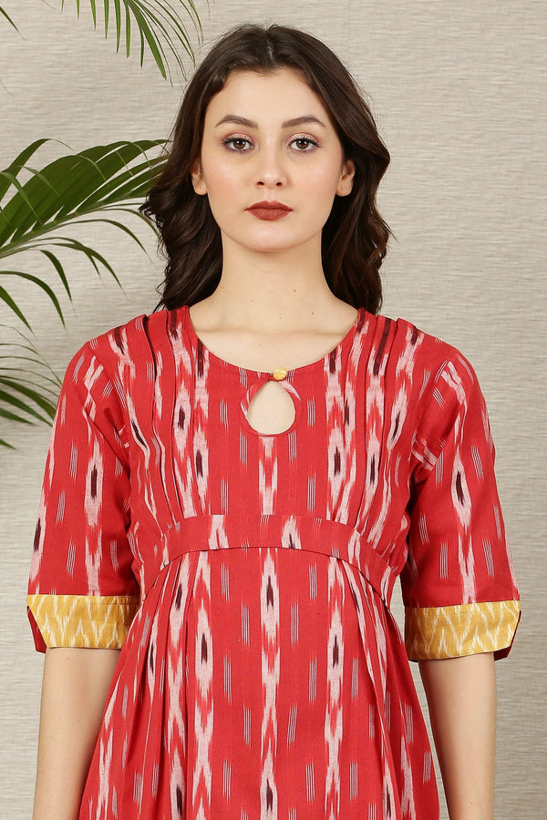 Pleasing Crimson Ikat Side Slit Long Maternity & Nursing Dress (100% Cotton) MOMZJOY.COM