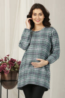 Cheerful Gingham Check Forest Green Maternity & Nursing Wool Top MOMZJOY.COM