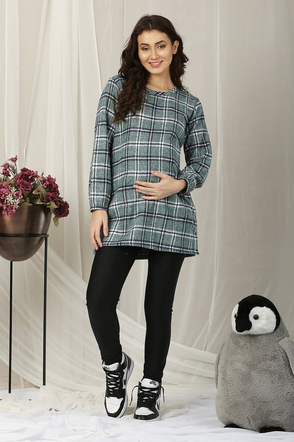 Cheerful Gingham Check Forest Green Maternity & Nursing Wool Top MOMZJOY.COM