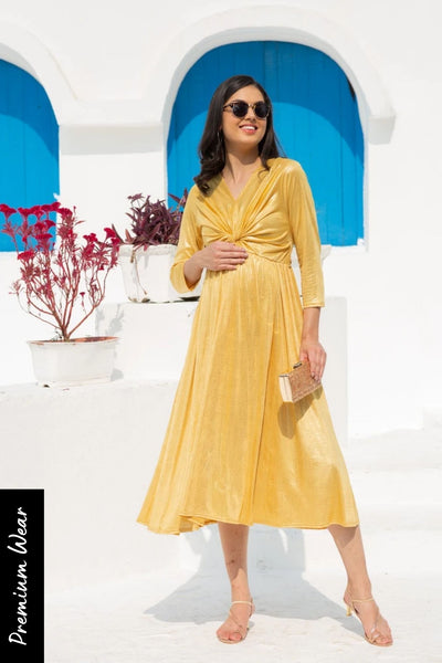 Luxe Royal Shimmer Gold Front Knot Lycra Maternity Dress MOMZJOY.COM