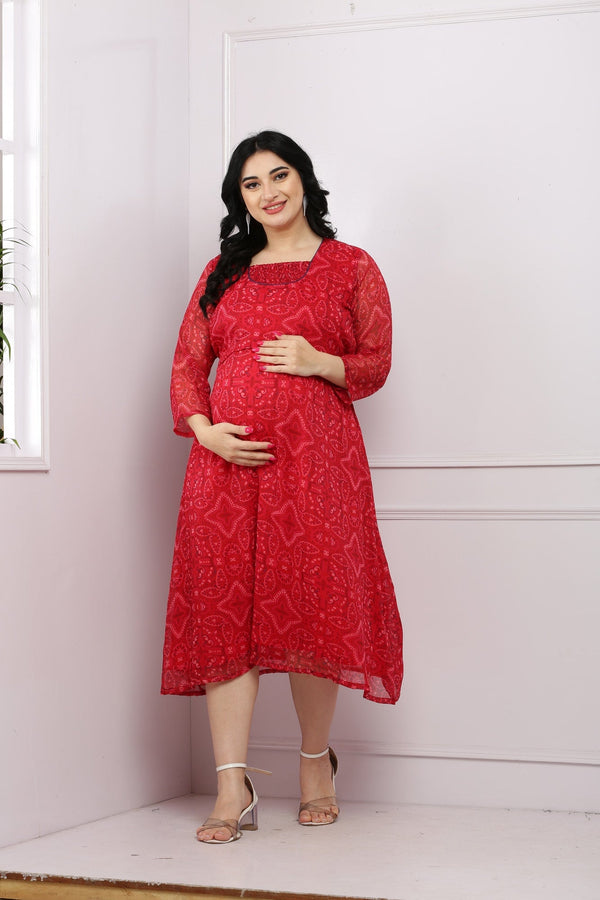 Chic Red Intricate Floral Maternity & Nursing Flap Dress momzjoy.com